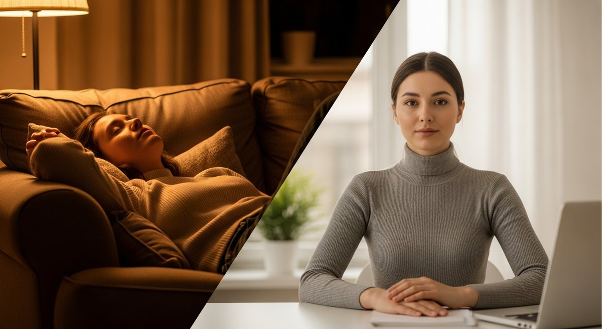 Myrcene strain vs Caryophyllene strains strain — Which Is Right for You? 6 Dual lifestyle scene contrasting myrcene's heavy body relaxation on a sofa with caryophyllene's grounded calm focus