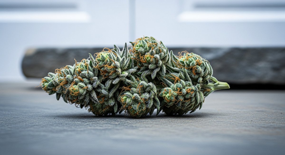 Granddaddy Purple vs Northern Lights — Which Is Right for You? 5 Dense Northern Lights cannabis bud with heavy trichome frost and amber pistils on stone under cool diffused light