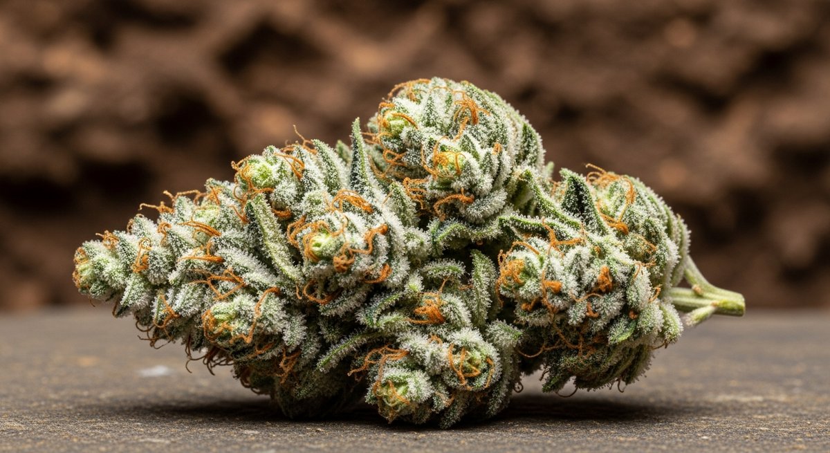 Northern Lights vs Blueberry — Which Is Right for You? 4 Close-up of a dense frosted Northern Lights indica bud with silvery trichomes and amber pistils on dark stone