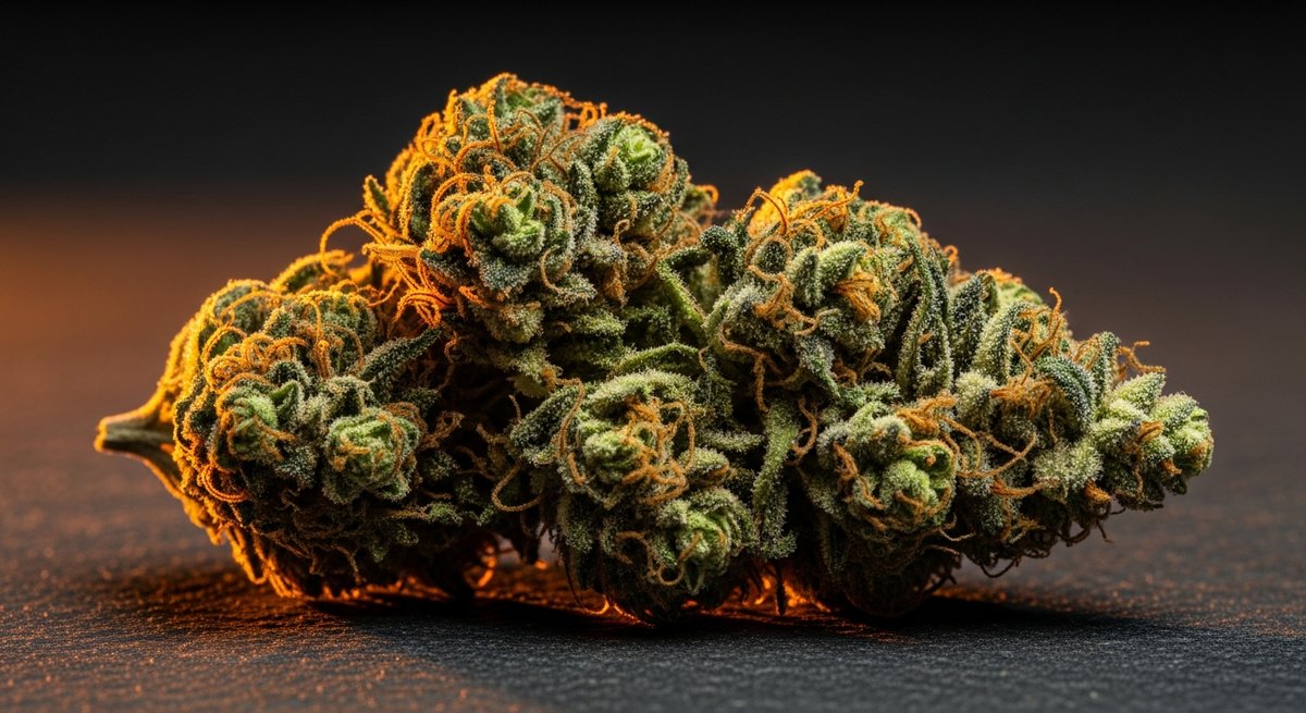 White Widow strain vs OG Kush strain — Which Is Right for You? 5 OG Kush cannabis bud on dark stone surface with warm lighting highlighting resin glands and amber pistils