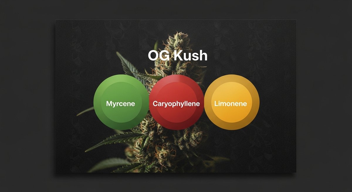 OG Kush Strain 2 OG Kush terpene profile showing Myrcene in green, Caryophyllene in red, and Limonene in yellow color swatches