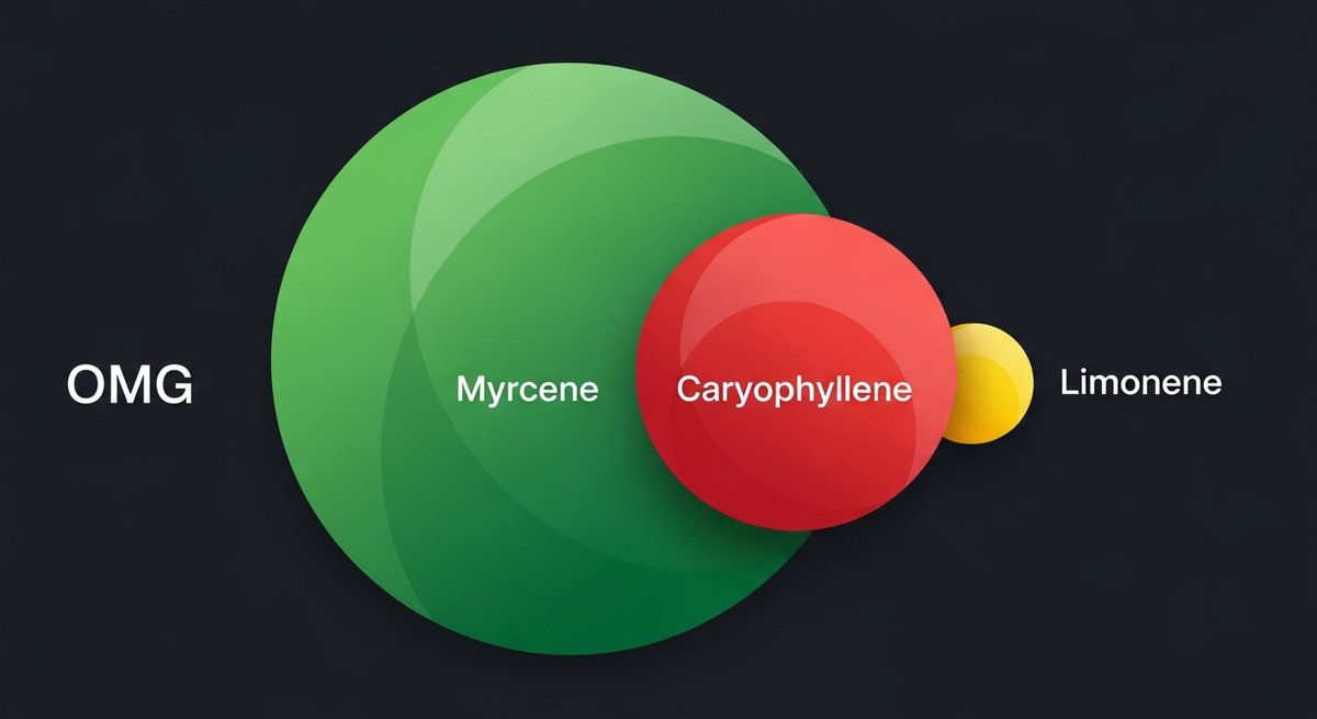 OMG Strain 2 OMG strain terpene profile graphic showing Myrcene in green, Caryophyllene in red, and Limonene in yellow