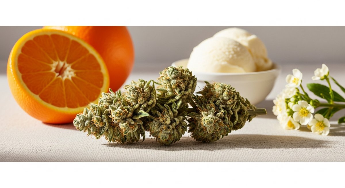 Tropicana Cookies vs Orange Cream — Which Is Right for You? 5 Orange Cream cannabis bud beside halved orange and vanilla ice cream on linen, evoking the strain's dessert flavor profile