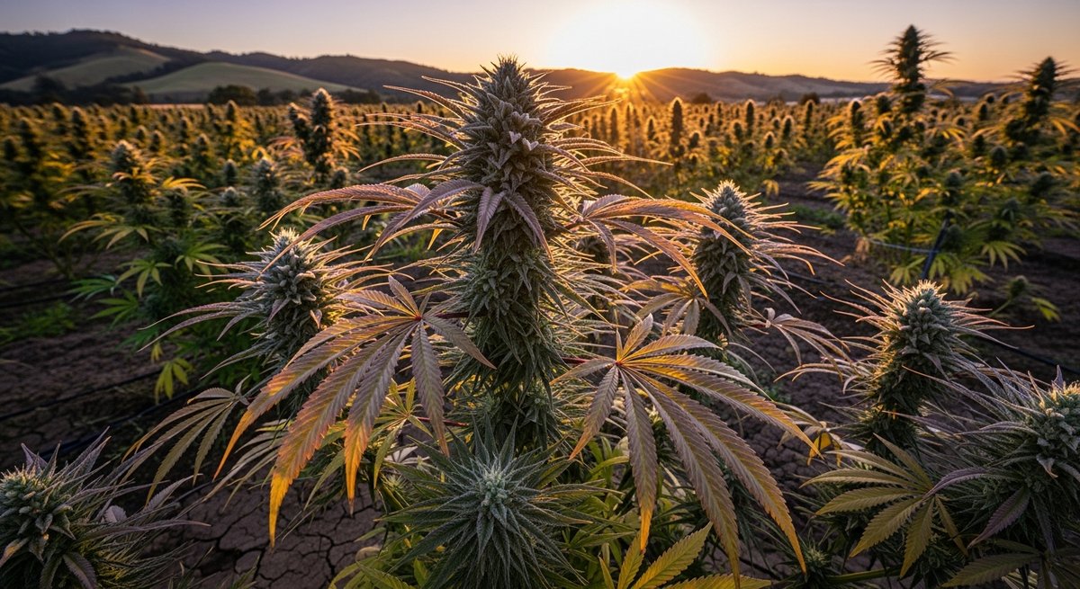 Indoor THCA strain vs Outdoor THCA strain — Which Is Right for You? 5 Outdoor cannabis plants with large flower clusters growing under natural sunlight in a sun-drenched open-air field