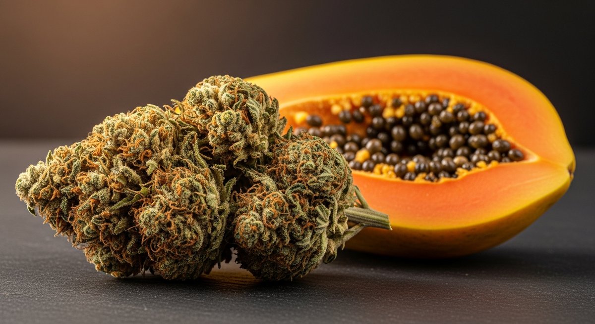 Mimosa vs Papaya — Which Is Right for You? 5 Papaya cannabis bud on slate beside sliced ripe papaya fruit highlighting the strain's tropical indica character