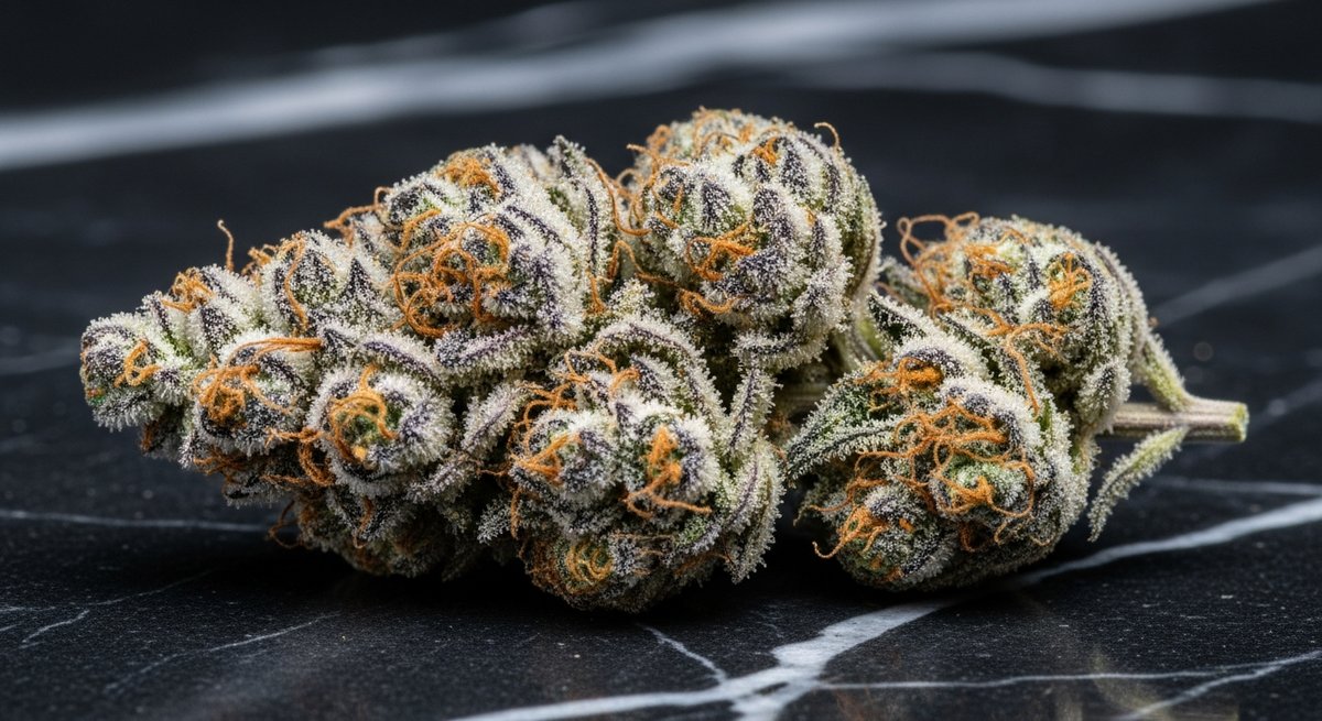 Permanent Marker strain vs Biscotti strain — Which Is Right for You? 4 Macro close-up of a dense, heavily frosted Permanent Marker cannabis bud with deep purple and green hues on black marble
