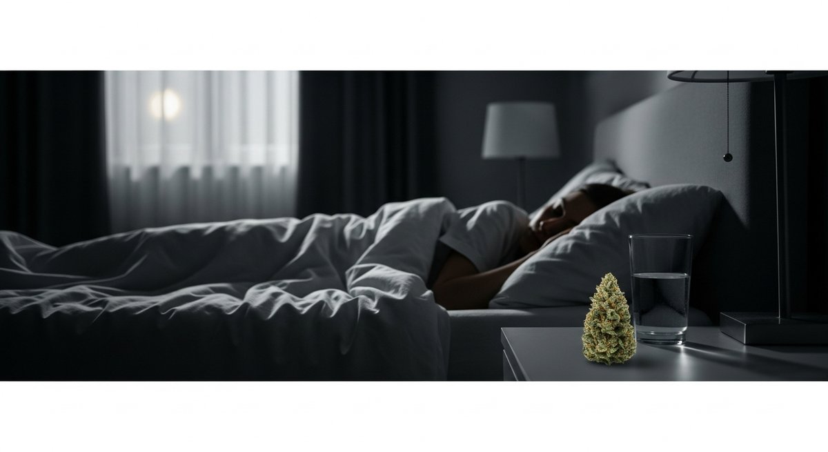 RS11 vs Permanent Marker — Which Is Right for You? 6 Person sleeping peacefully in dimly lit bedroom with Permanent Marker cannabis bud on nightstand for sleep