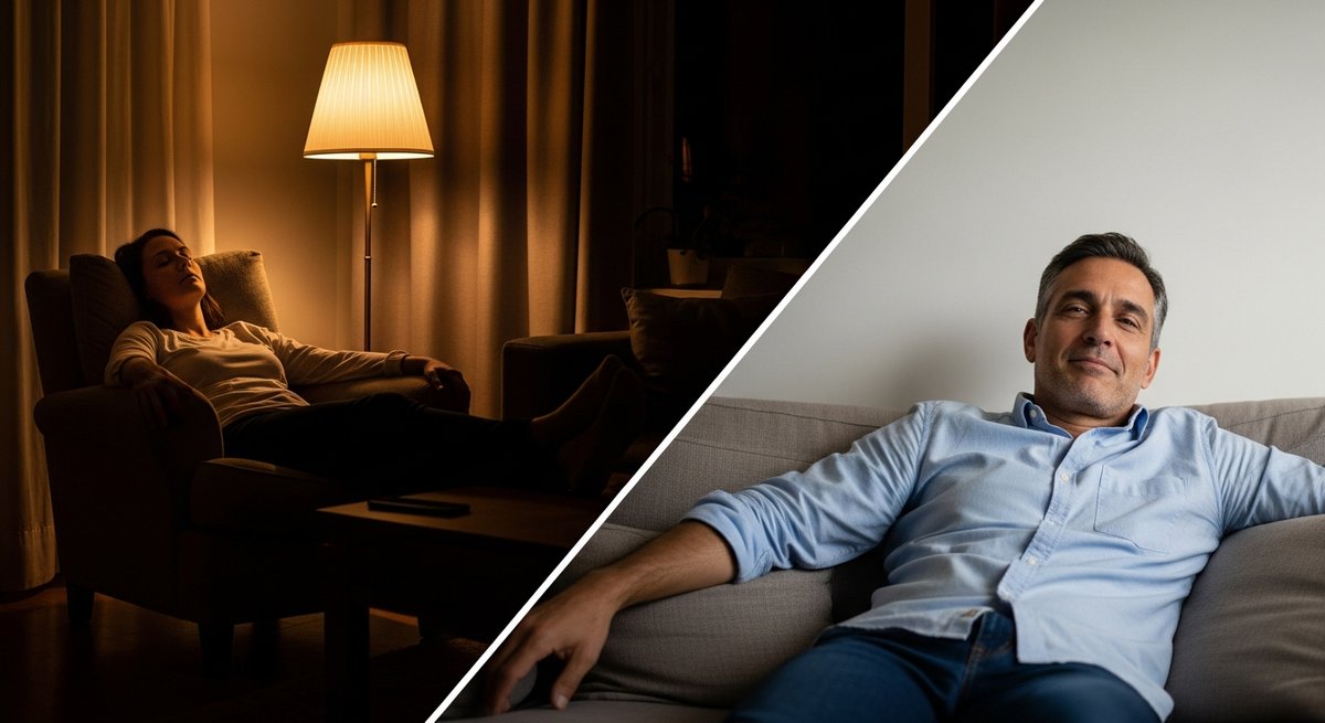 Permanent Marker strain vs Biscotti strain — Which Is Right for You? 6 Two contrasting adult relaxation scenes side by side illustrating heavy body sedation versus calm euphoric effects