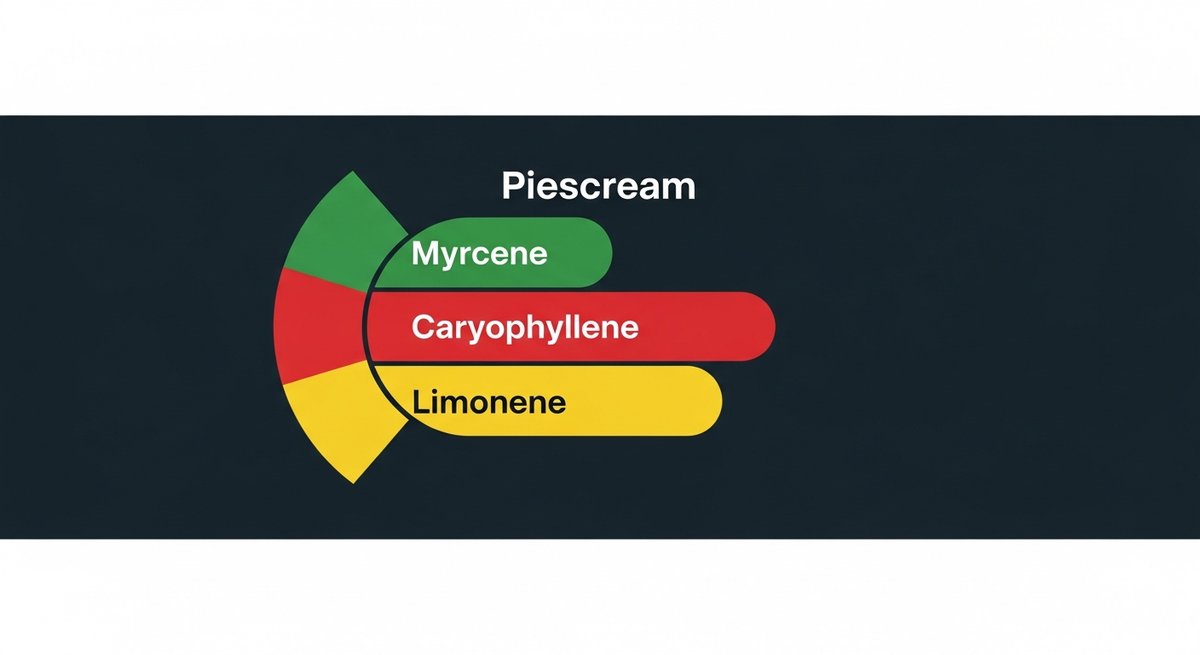 Piescream Strain 2 Terpene profile graphic for Piescream strain showing Myrcene in green, Caryophyllene in red, and Limonene in yellow