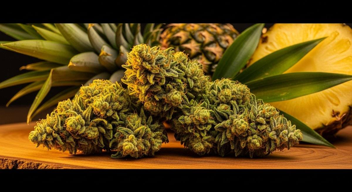 Pineapple Express strain vs Blue Dream strain — Which Is Right for You? 4 Pineapple Express cannabis buds with tropical pineapple fruit accents on a rustic wooden board