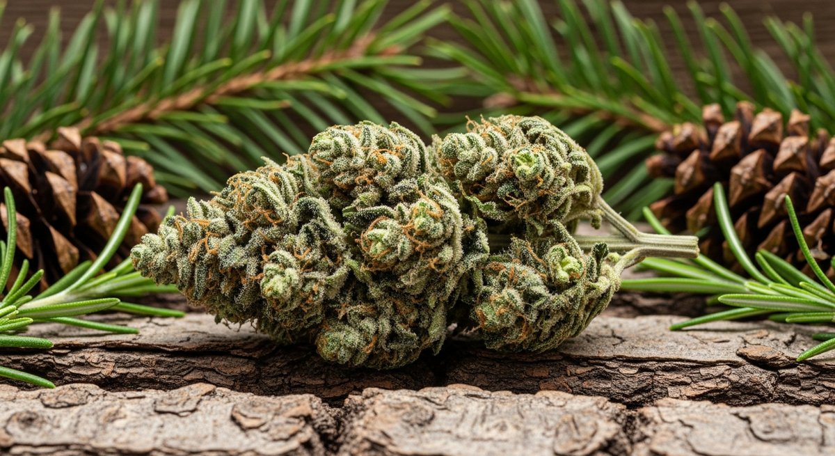 Limonene strain vs Pinene strain — Which Is Right for You? 5 Resinous cannabis bud on pine bark with pine needles and cones illustrating pinene terpene profile