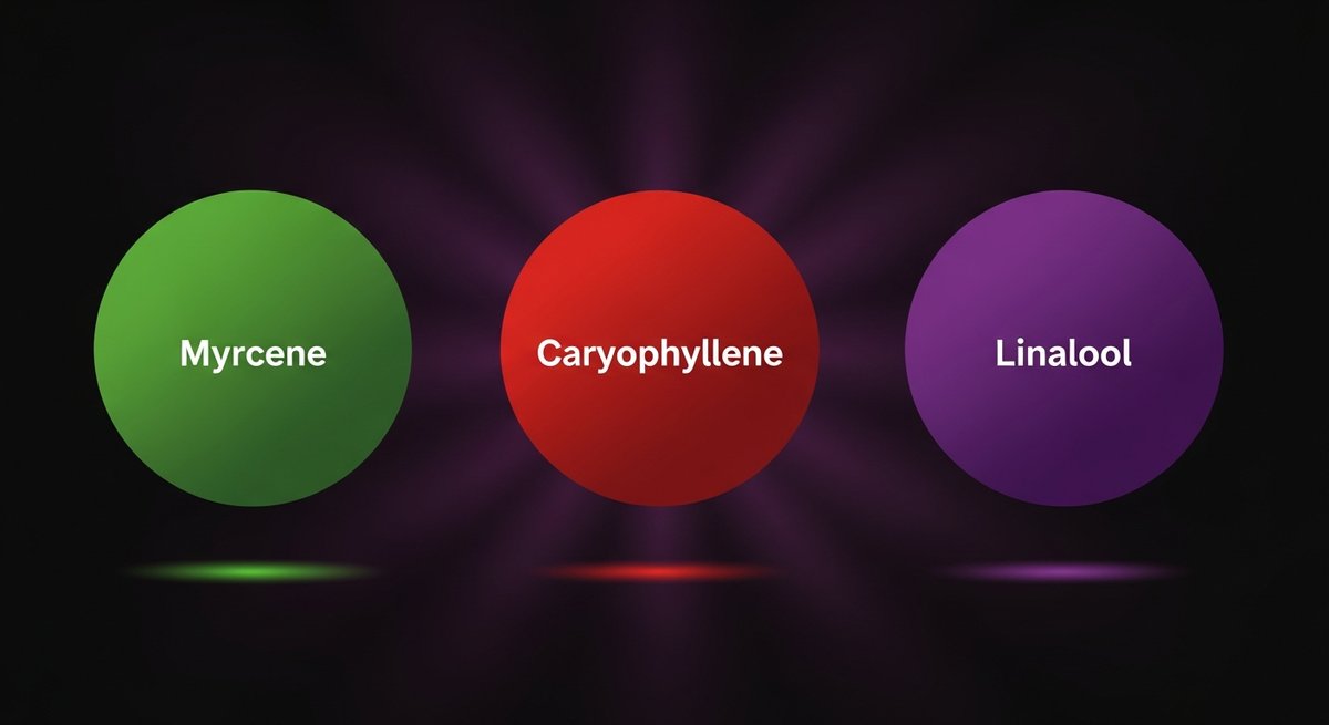 Planet of the Grapes Strain 2 Terpene profile graphic for Planet of the Grapes showing Myrcene green, Caryophyllene red, and Linalool purple