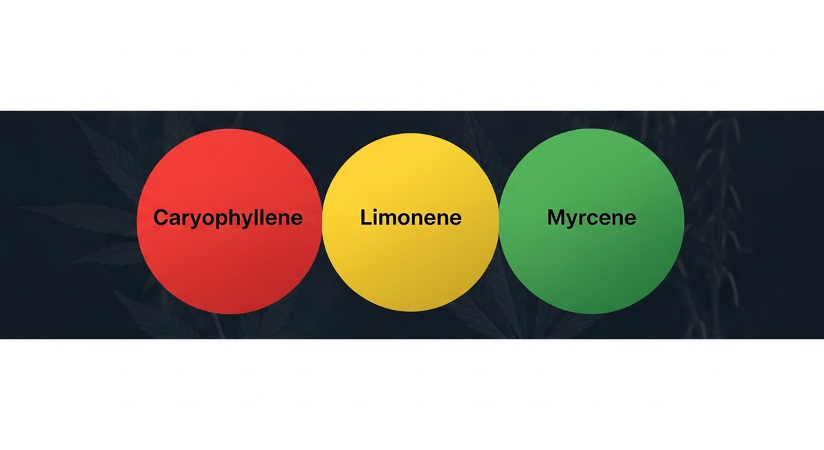 Platinum Cake Strain 2 Terpene profile graphic for Platinum Cake showing Caryophyllene in red, Limonene in yellow, and Myrcene in green