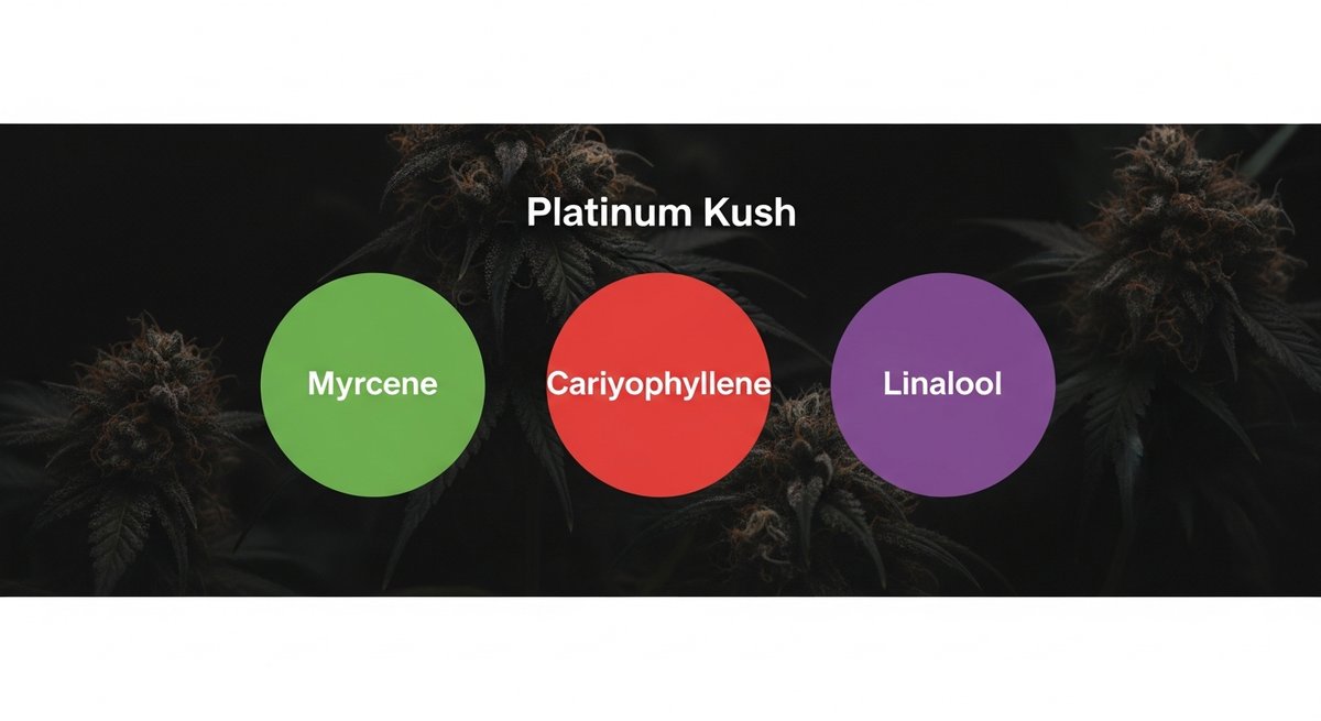 Platinum Kush Strain 2 Terpene profile graphic for Platinum Kush showing green Myrcene, red Caryophyllene, and purple Linalool swatches