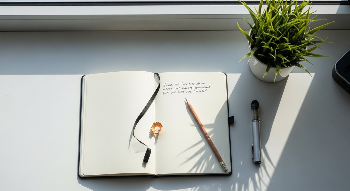 How to Vape for Brainstorming Without Losing the Thread 8 Organized desk with a notebook open to a single sentence, a pencil, and a vape pen set up before a brainstorming session