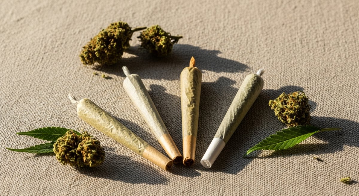 Vape Carts strain vs Prerolls strain — Which Is Right for You? 5 Three prerolled cannabis joints fanned out on linen cloth with loose flower buds in warm natural light