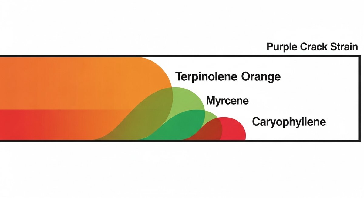 Purple Crack Strain 2 Terpene profile graphic for Purple Crack showing Terpinolene in orange, Myrcene in green, and Caryophyllene in red.