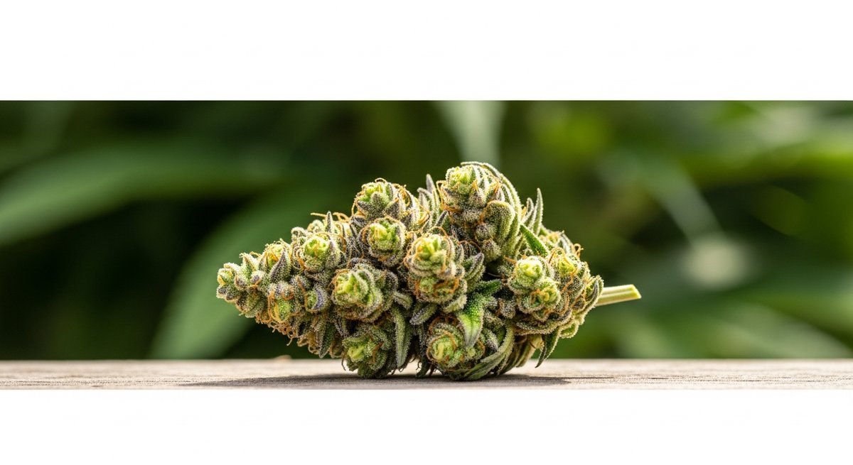 Purple Haze strains vs Grape Ape Strains — Which Is Right for You? 4 Purple Haze cannabis bud with green-violet hues and golden trichomes on weathered wood in morning sunlight