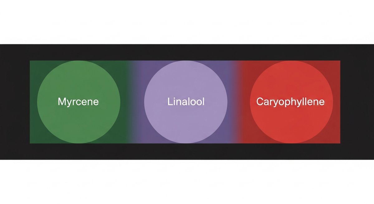 Purple Passion Strain 2 Terpene profile graphic for Purple Passion showing Myrcene in green, Linalool in purple, and Caryophyllene in red
