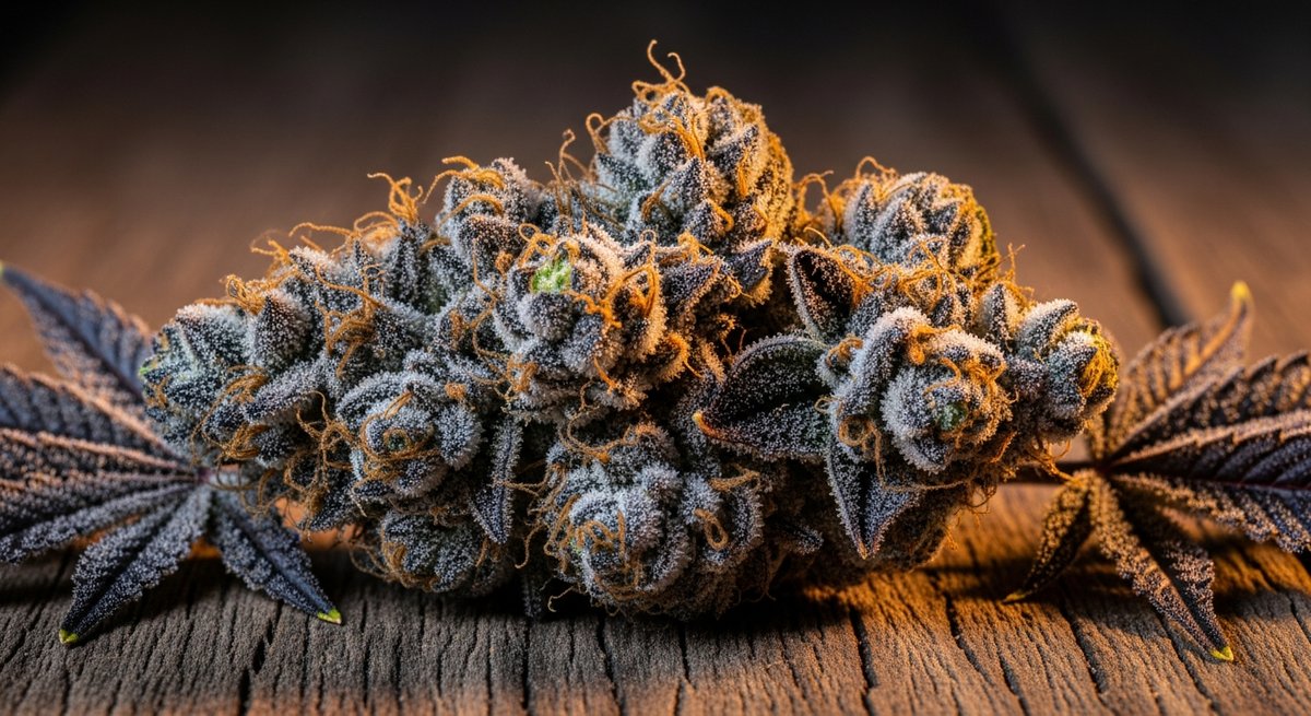 Purple Punch strain vs Forbidden Fruit strain — Which Is Right for You? 4 Close-up macro shot of a Purple Punch cannabis bud with deep violet coloring and heavy trichome coverage on dark wood