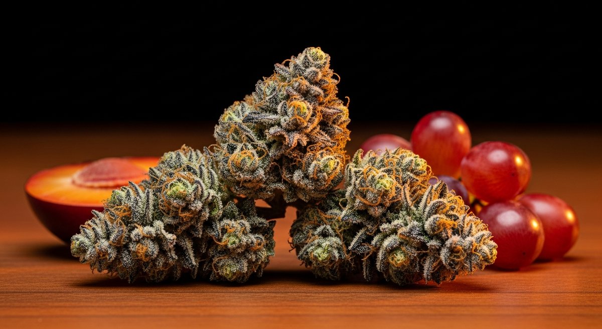 Purple Punch strain vs Lavender strain — Which Is Right for You? 4 Macro view of dense Purple Punch cannabis buds with violet hues beside fresh grapes and plum on dark wood