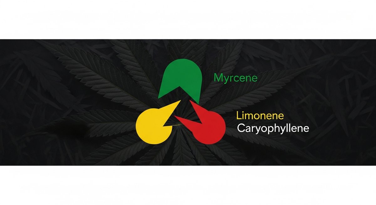 Razzle Dazzle Strain 2 Terpene profile graphic for Razzle Dazzle showing Myrcene in green, Limonene in yellow, and Caryophyllene in red
