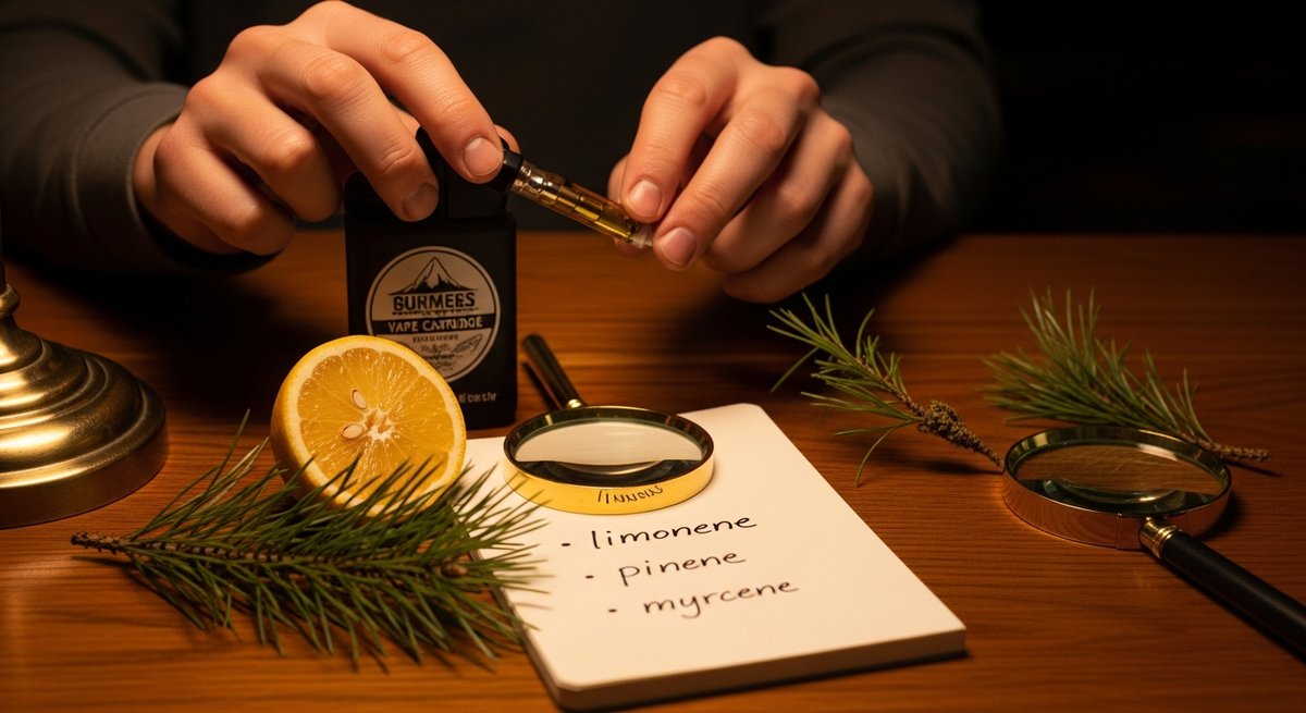 Live Resin vs Distillate Carts for Creative Sessions 9 Adult examining a vape cartridge label with terpene notes in a notebook, citrus slice, and pine sprig on a wooden counter