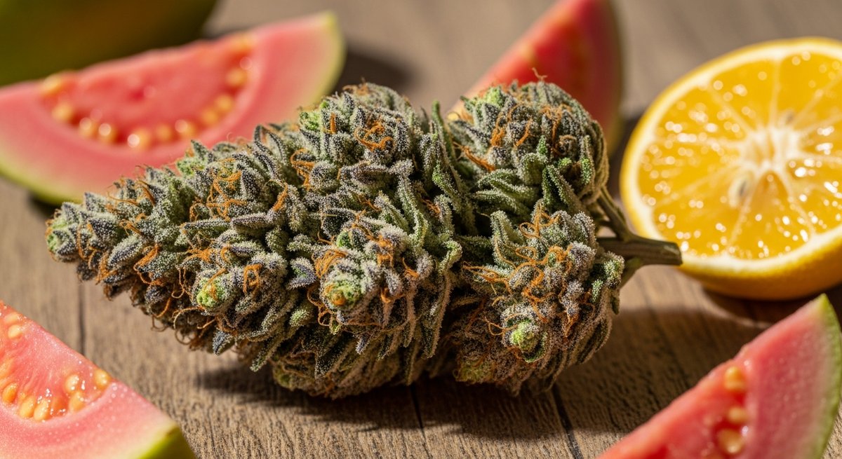 RS11 vs Permanent Marker — Which Is Right for You? 4 RS11 cannabis bud with pink guava and citrus accents illustrating its fruity terpene lineage