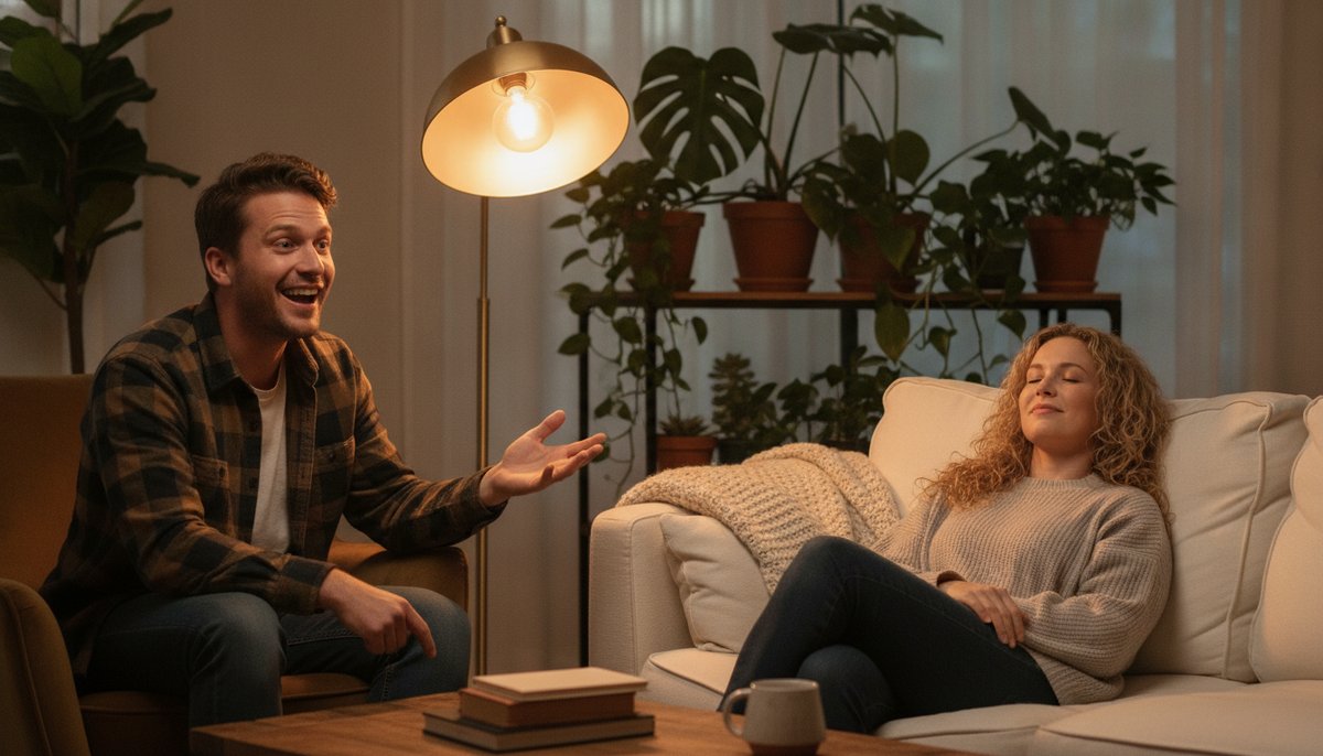 Runtz vs Gelato — Which Is Right for You? 6 Two adults in a cozy living room showing contrasting relaxed and energized moods illustrating strain effect differences