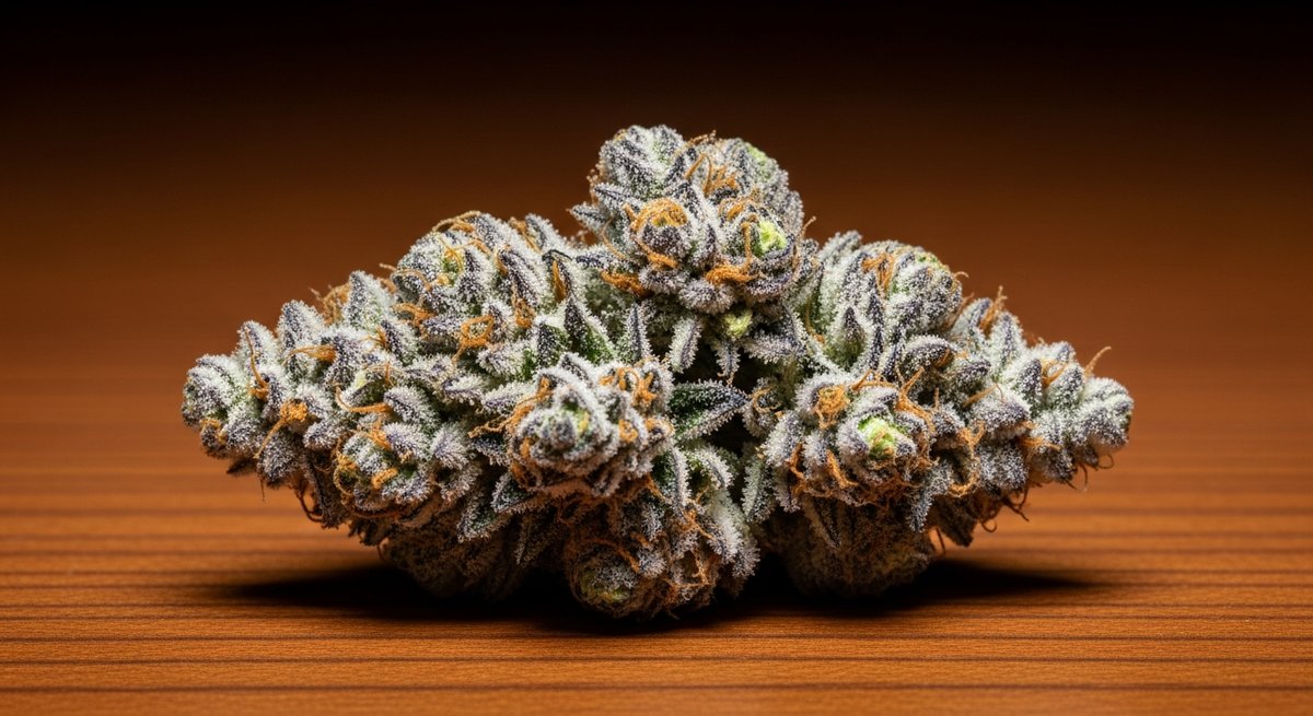 Runtz strain vs Zkittlez strain — Which Is Right for You? 4 Dense frosted Runtz cannabis bud with purple-green hues and heavy trichome coverage on dark wood surface