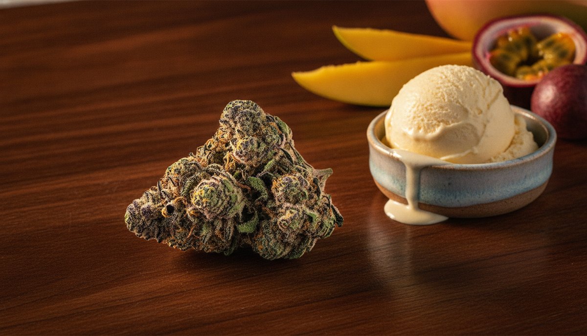 Runtz vs Zkittlez — Which Is Right for You? 4 Dense frosty Runtz cannabis bud on dark wood beside a dish of gelato and tropical fruit, illustrating its hybrid lineage