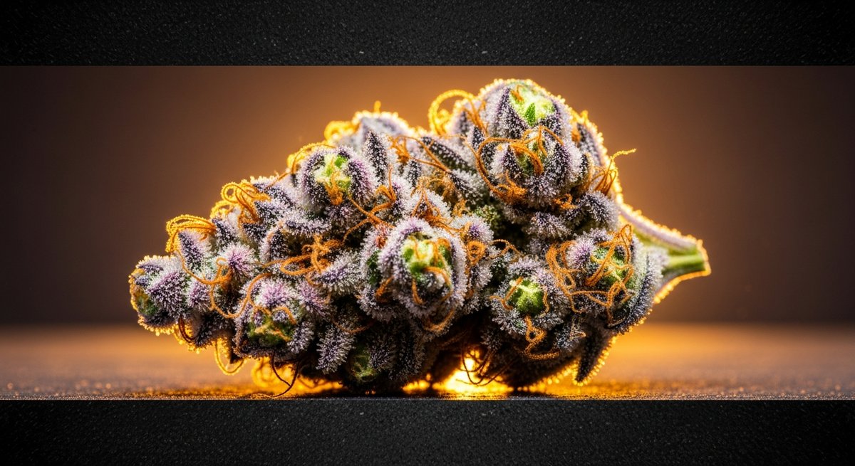 Runtz vs Gelato — Which Is Right for You? 4 Close-up macro shot of a Runtz cannabis bud with vivid purple-green coloring and heavy trichome frost