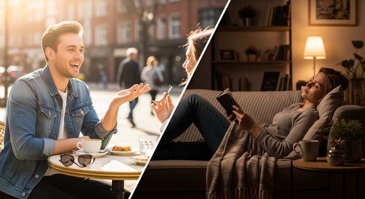 Runtz strain vs Zkittlez strain — Which Is Right for You? 6 Split lifestyle scene showing energetic social conversation on left and calm relaxed lounging on right illustrating strain ef