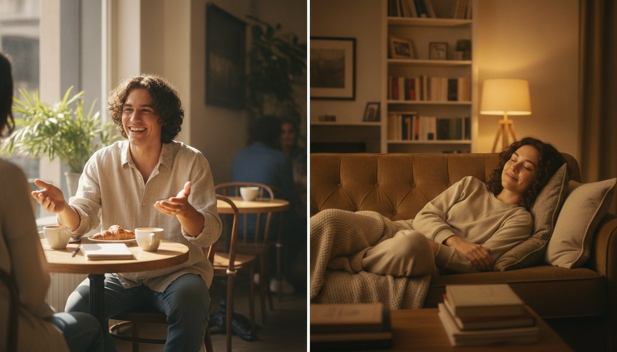Runtz vs Zkittlez — Which Is Right for You? 6 Split lifestyle scene showing sociable uplifted mood on one side and calm couch relaxation on the other, contrasting effects