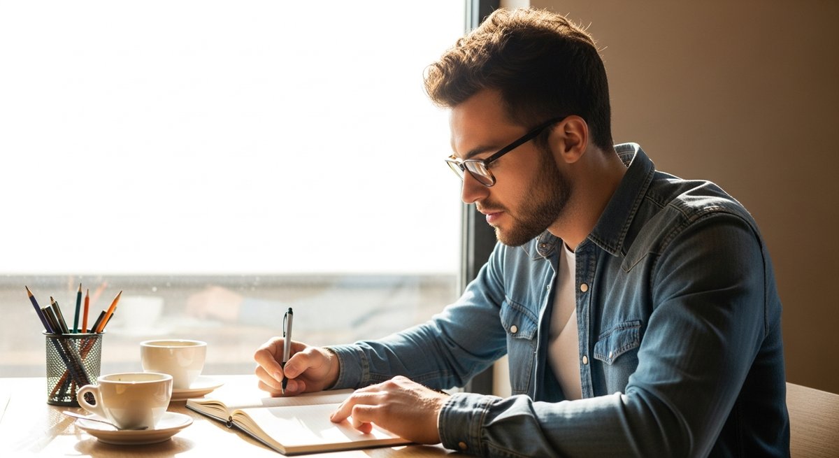 Sour Diesel strains vs Jack Herer strains — Which Is Right for You? 6 Young adult man alert and focused at a sunlit café window, conveying the cerebral energizing effects of sativa strains