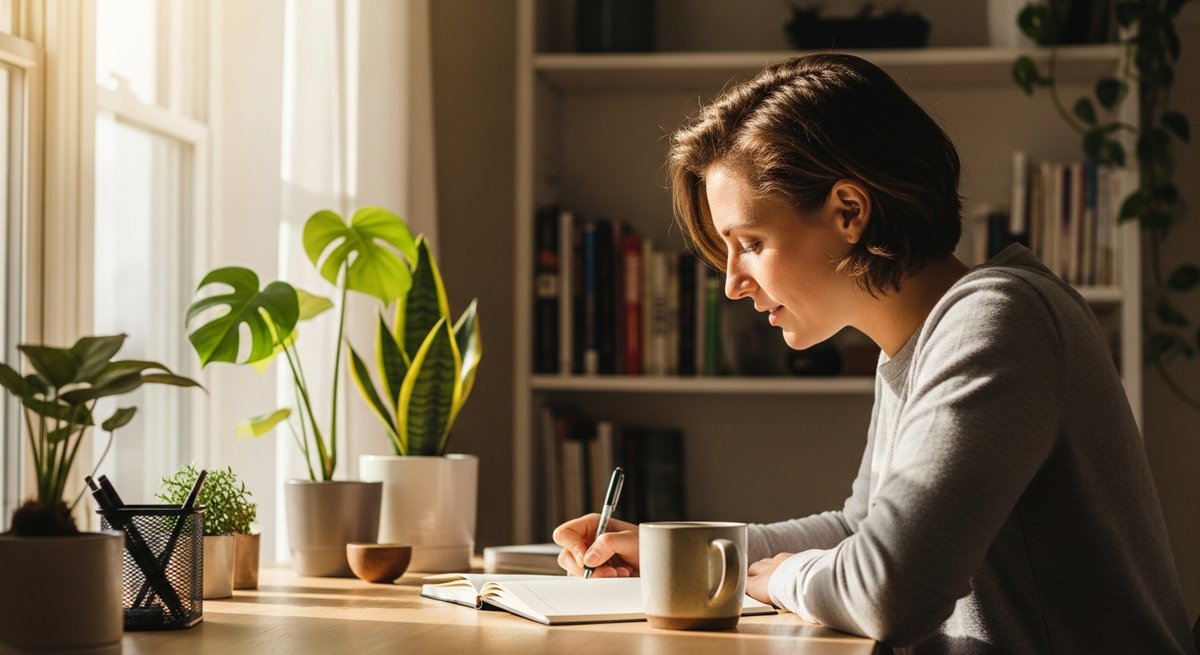 Jack Herer vs Green Crack — Which Is Right for You? 6 Young adult writing in a journal at a sunny home desk, conveying focused, uplifted mood associated with sativa strain effects