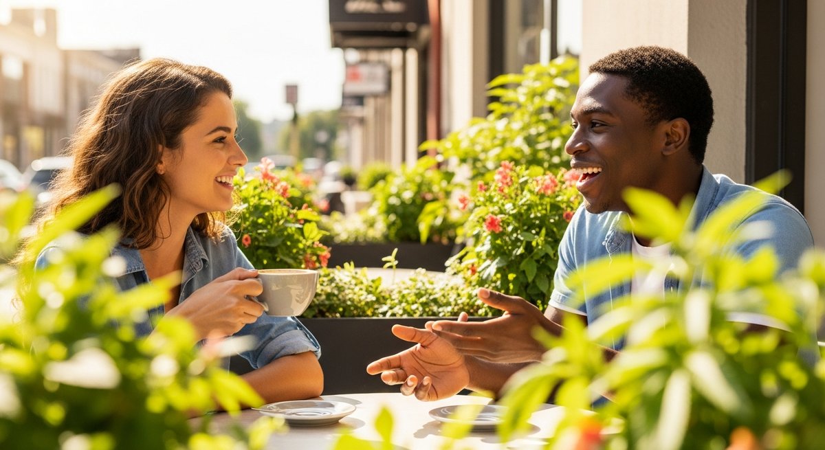 Strawberry Cough Strains vs Super Lemon Haze Strains — Which Is Right for You? 6 Two adults laughing in animated conversation at a sunny outdoor café, conveying uplifted mood and social energy