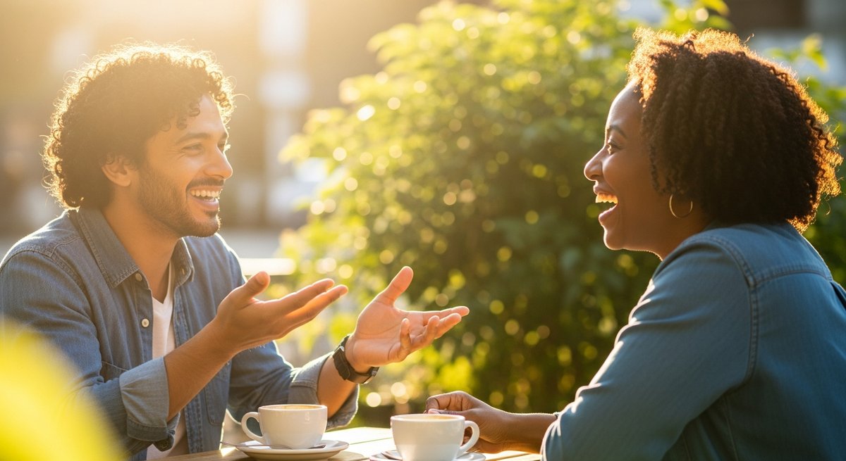 Jack Herer strain vs Durban Poison strain — Which Is Right for You? 5 Two adults laughing and talking energetically at a sunny outdoor café, evoking uplifting sativa effects