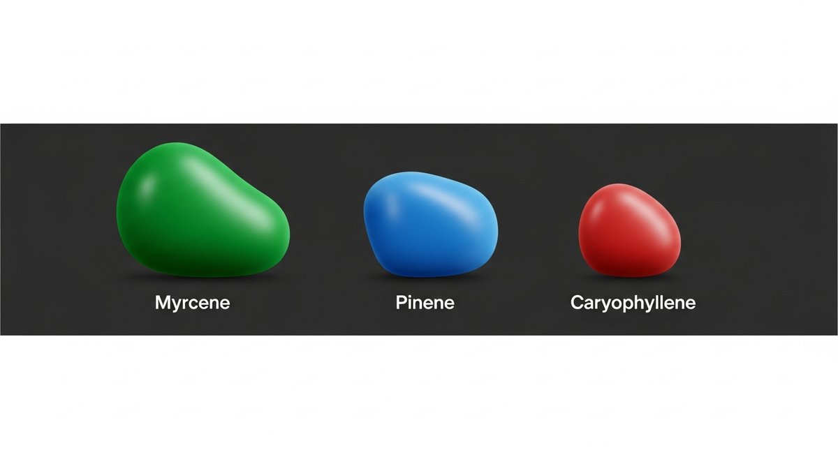Silver Bubble Strain 2 Terpene profile graphic for Silver Bubble showing Myrcene in green, Pinene in blue, and Caryophyllene in red