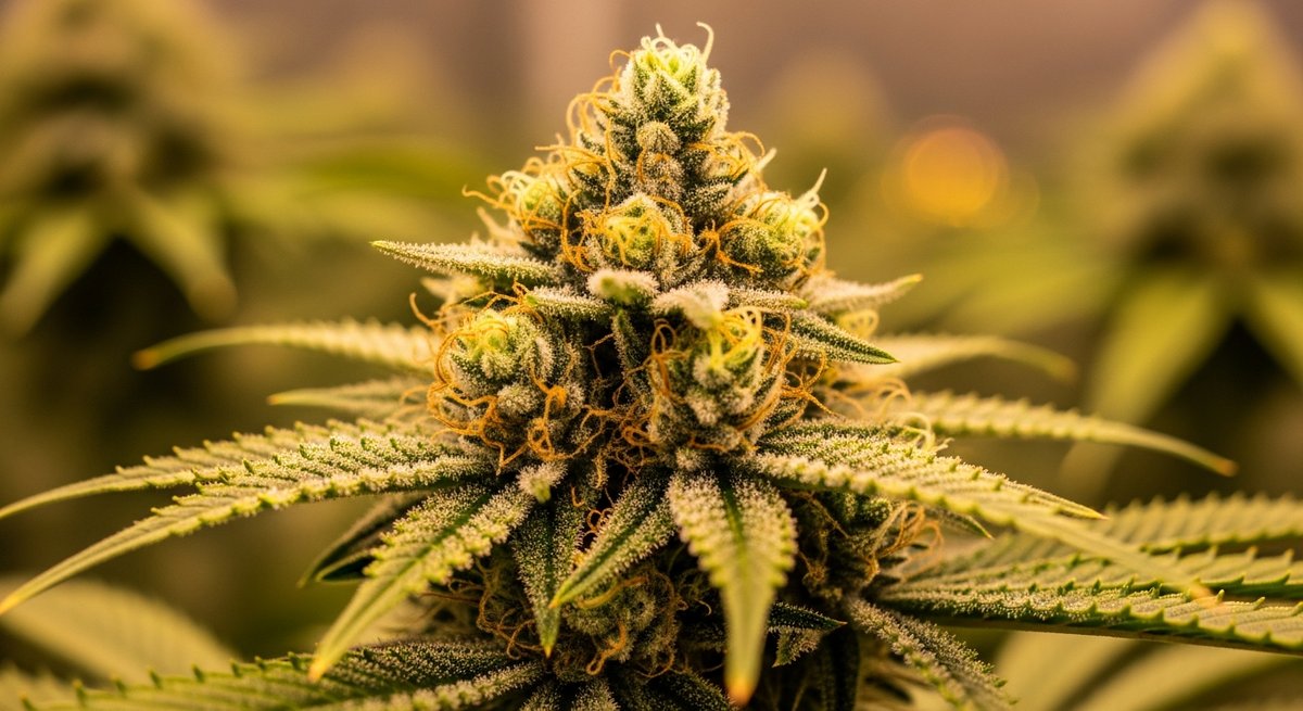 Skywalker OG strains vs Bubba Kush Strains — Which Is Right for You? 4 Close-up macro shot of a dense Skywalker OG cannabis bud with lime-green coloring, orange pistils, and heavy trichome coverag