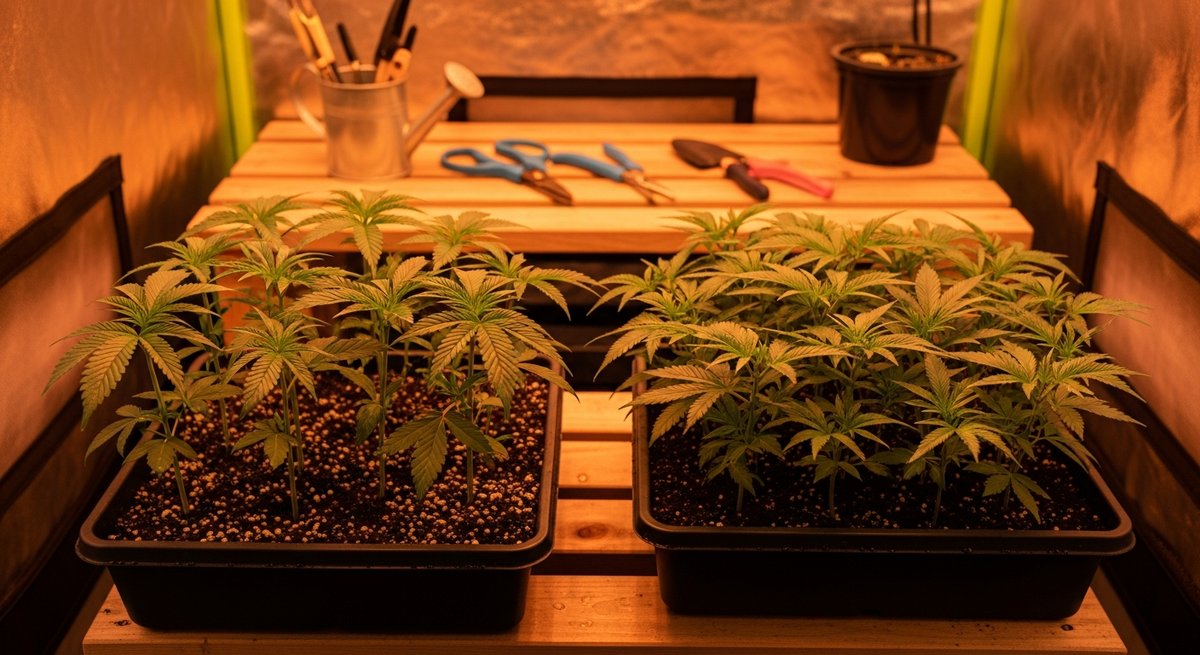Sour Diesel strain vs Blue Dream strain — Which Is Right for You? 6 Two cannabis seedling trays side by side under grow lights in an indoor home grow tent