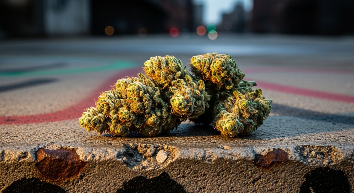 Sour Diesel strains vs Jack Herer strains — Which Is Right for You? 4 Close-up of Sour Diesel cannabis buds on concrete surface showing dense frosty pale-green texture and orange pistils