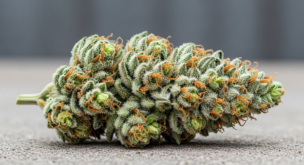 Sour Diesel strain vs Blue Dream strain — Which Is Right for You? 4 Close-up macro shot of a frosty Sour Diesel cannabis bud with orange pistils on a concrete surface