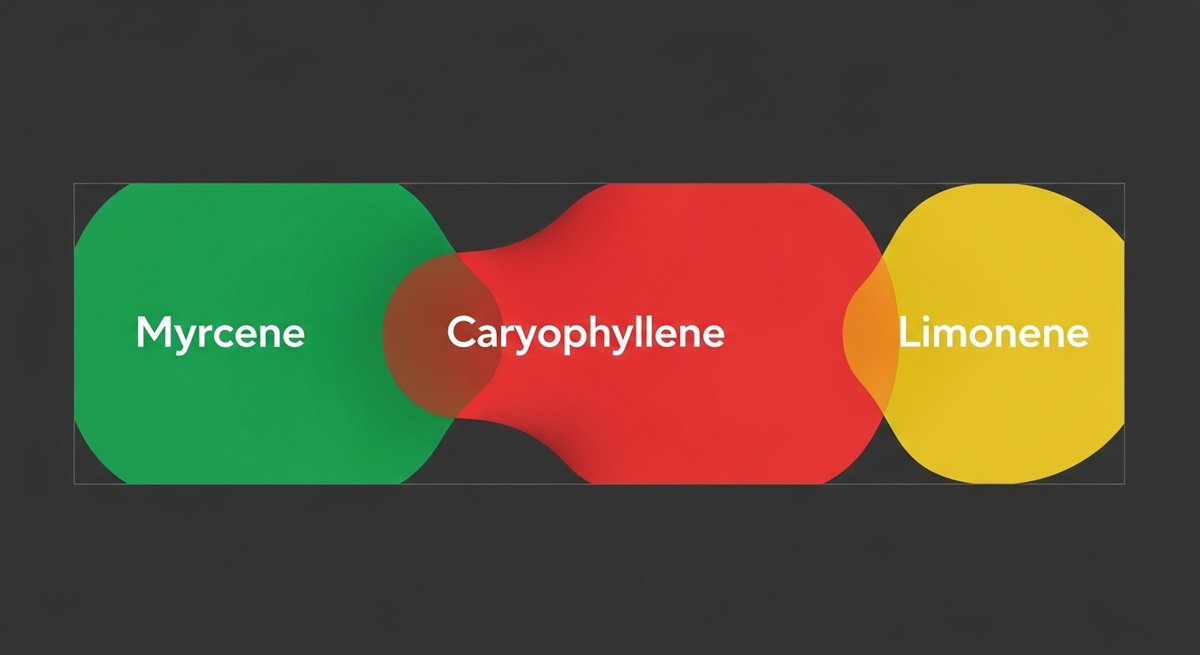 Sour Diesel Strain 2 Terpene profile graphic for Sour Diesel showing Myrcene in green, Caryophyllene in red, and Limonene in yellow