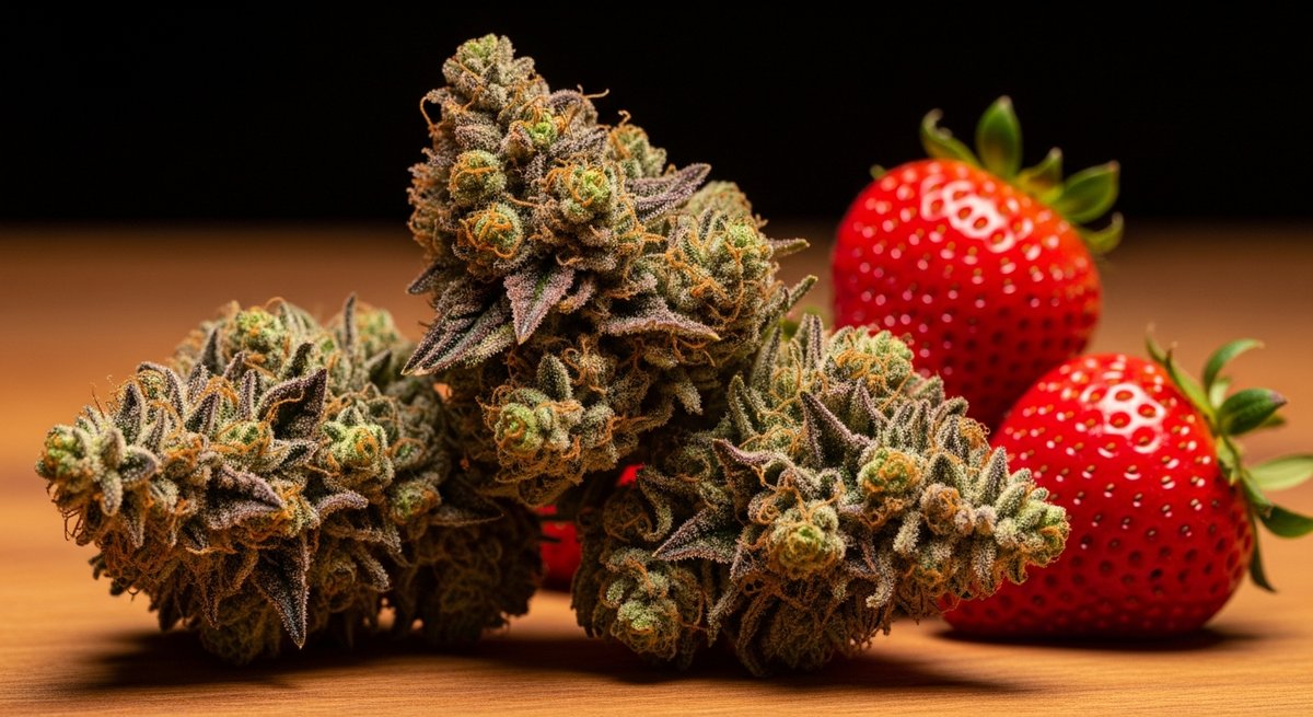 Strawberry Cough Strains vs Super Lemon Haze Strains — Which Is Right for You? 4 Macro editorial photo of Strawberry Cough cannabis buds with reddish pistils alongside fresh ripe strawberries on wood