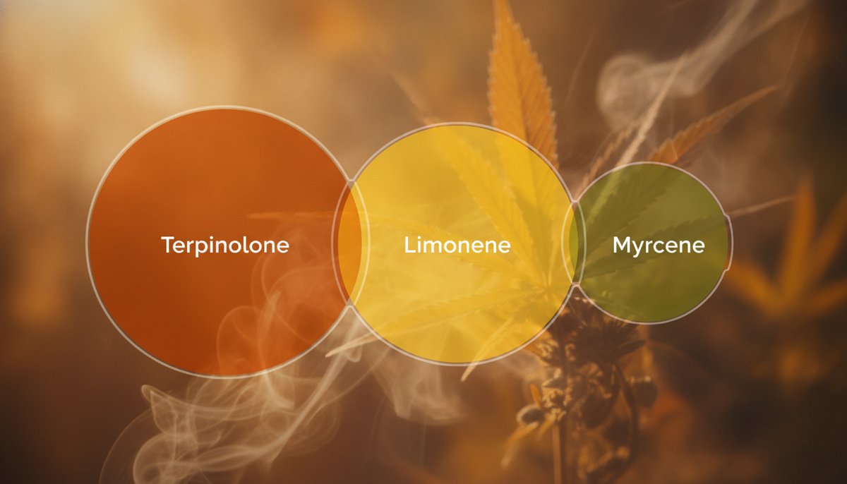 Sun Ra Strain 2 Terpene profile graphic for Sun Ra strain showing Terpinolene orange, Limonene yellow, and Myrcene green