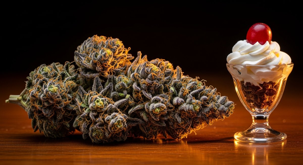 Cereal Milk vs Sundae Driver — Which Is Right for You? 5 Sundae Driver cannabis bud with purple hues beside a vintage sundae glass, evoking its grape and dessert lineage