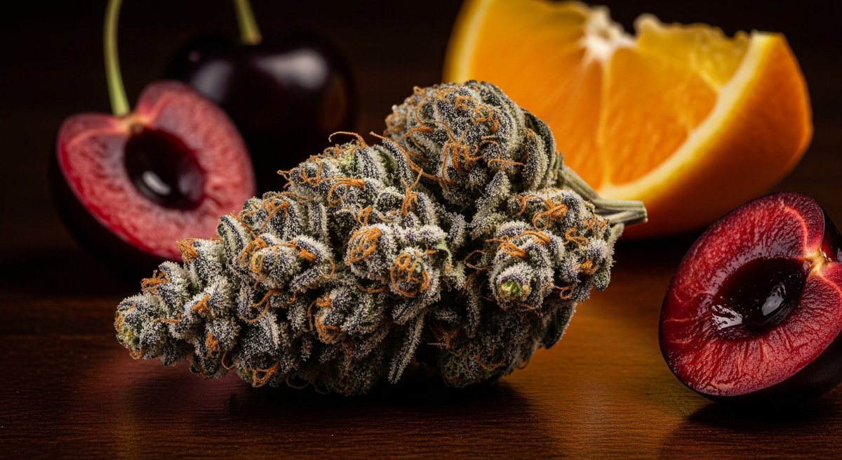 Super Boof strain vs Tropicana Cherry strain — Which Is Right for You? 4 Super Boof cannabis bud with purple hues and trichome frost alongside black cherry and citrus accents on dark wood