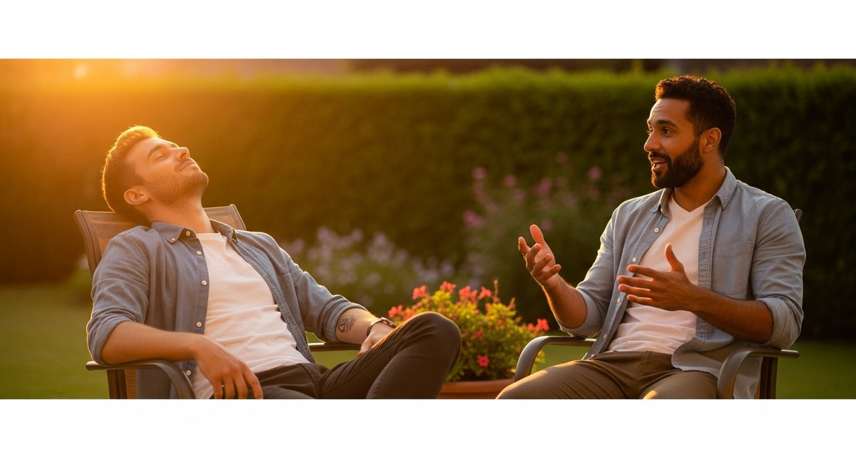 Super Boof strain vs Tropicana Cherry strain — Which Is Right for You? 6 Two adults on a sunlit outdoor terrace showing contrasting relaxed and energized moods at golden hour