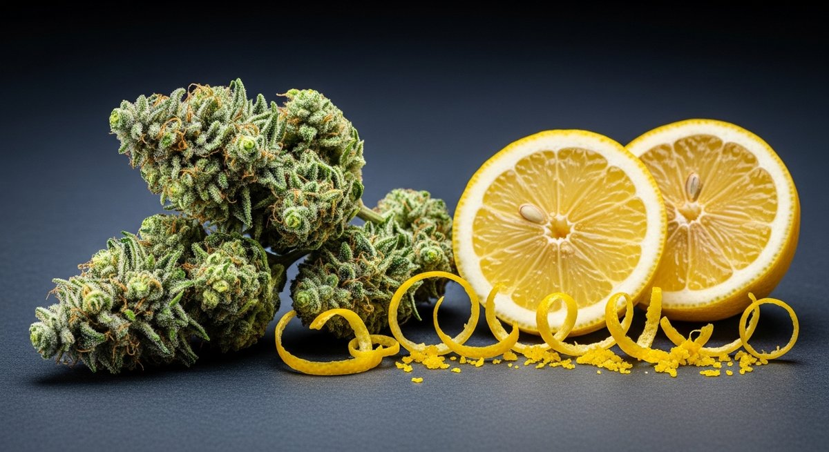 Strawberry Cough Strains vs Super Lemon Haze Strains — Which Is Right for You? 5 Macro editorial photo of Super Lemon Haze cannabis buds frosted with trichomes alongside fresh lemons on slate
